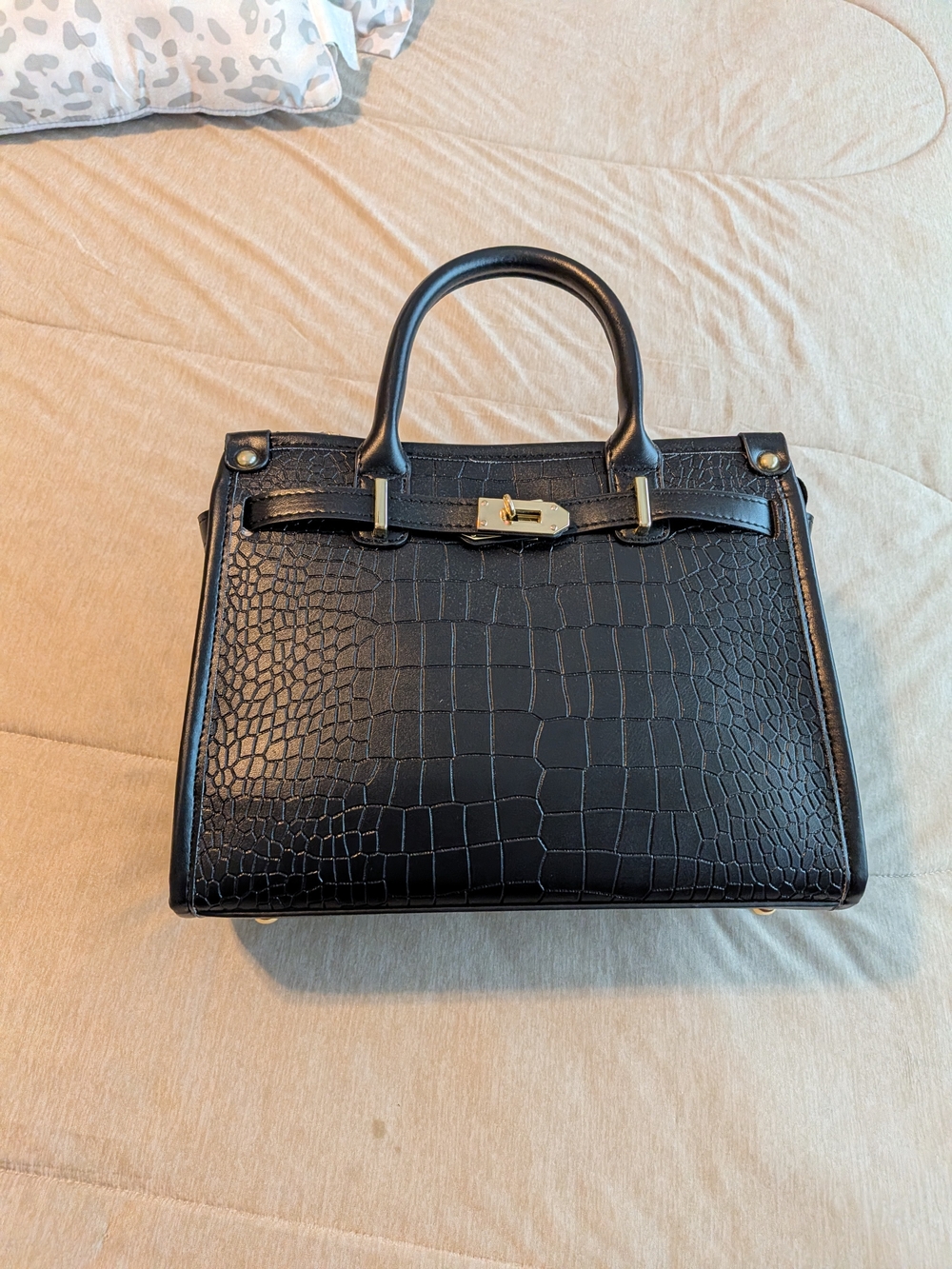 Croc-Embossed Black Structured Satchel Handbag - Picture 2 of 8